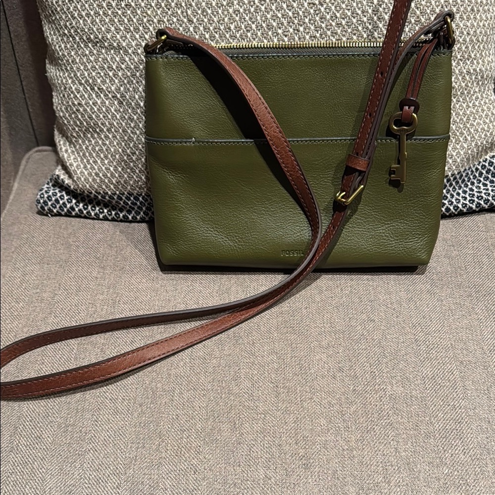 Fossil Green and Brown Crossbody Bag with Minimalist Design
